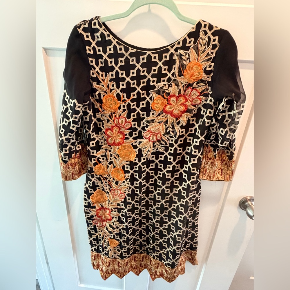 Sari Embroidered Floral Sheer Overlay Dress Black Gold Boho Statement Midi m